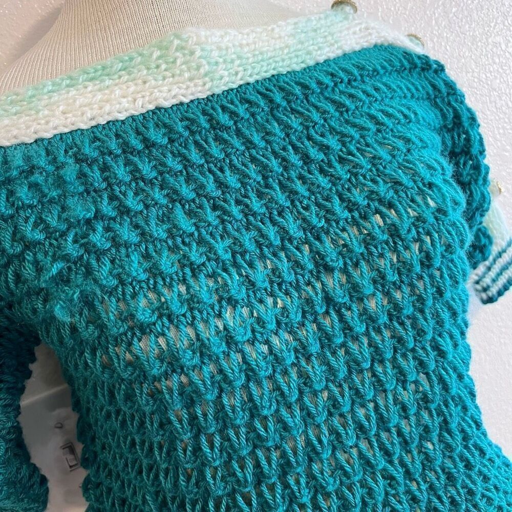 Handmade Stretch Chunky Knit Dropped Sleeve Top Teal White Size Small - Picture 11 of 11